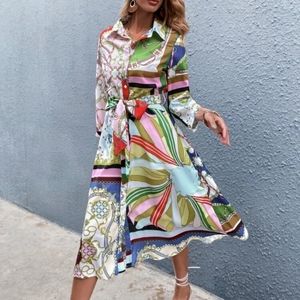 SHEIN Multicolor Geometric & Floral Print Midi Shirt Dress
